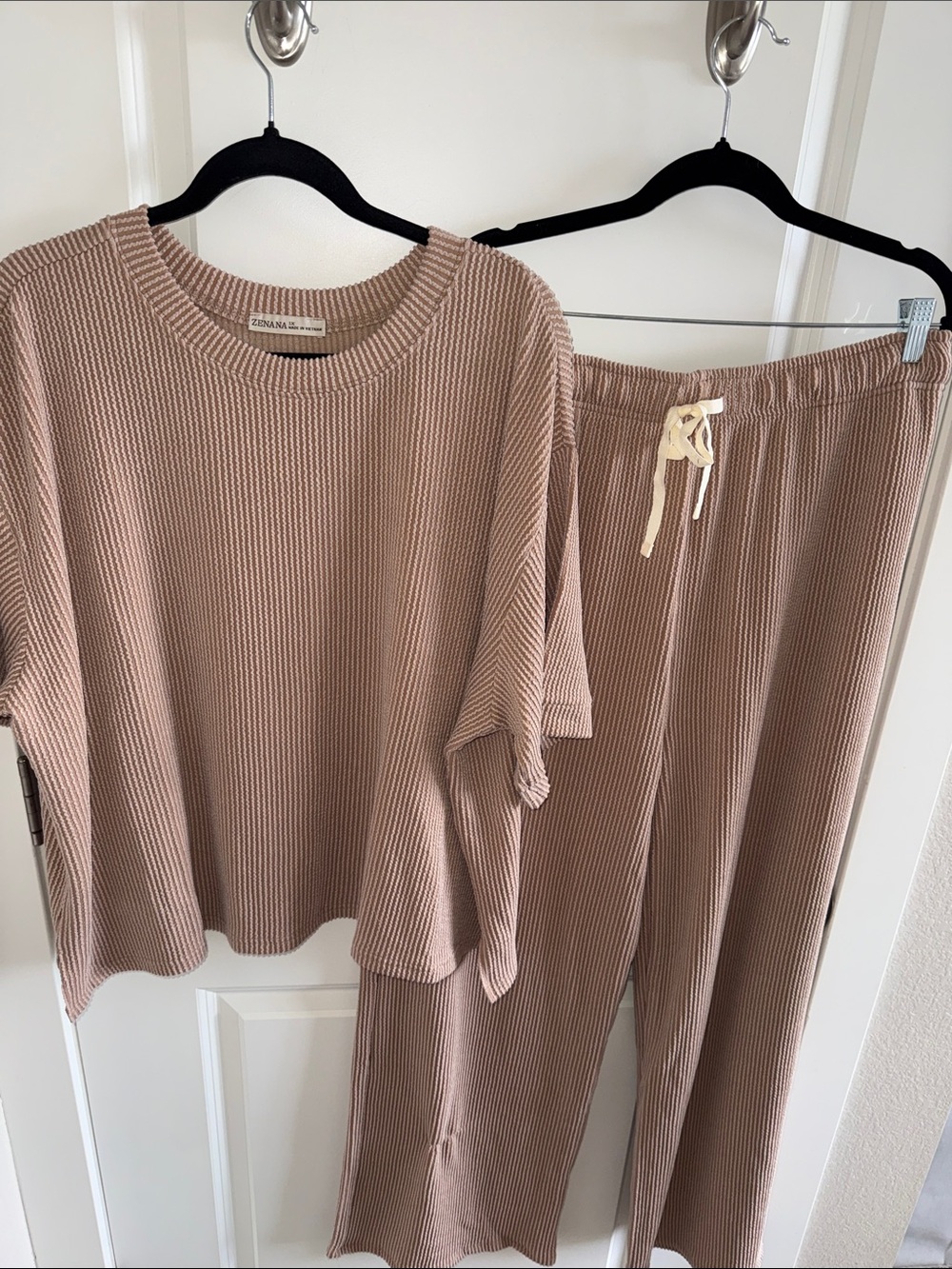 Zenana Outfitters Ribbed Lounge Set in Taupe